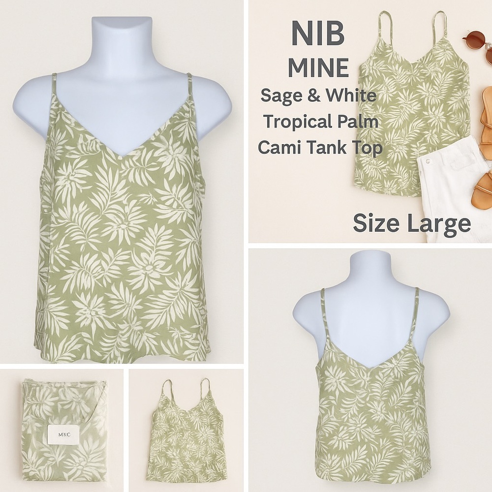 Nib Mine Sage And White Tropical Flower Palm Cami Tank Top Size Large